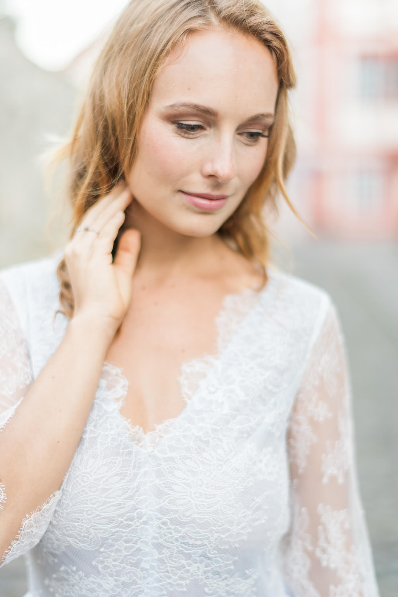Bride Portrait with Signature Jewelry – Ideal Jewelers About Us Bride in lace gown wearing diamond necklace and engagement ring Ideal Jewelers About Us Frederick MD