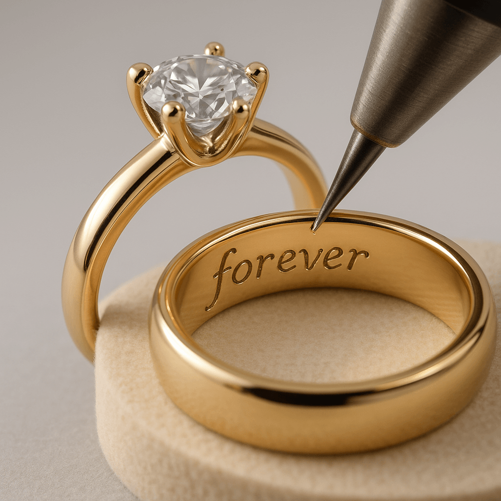 Ring engraving with the word "forever" at Ideal Jewelers in Frederick, MD