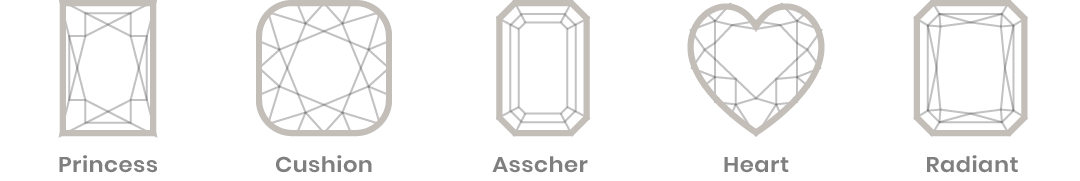 Diamond shape comparison showing emerald cut, cushion cut, radiant cut, heart shape and asscher cut Ideal Jewelers Frederick MD